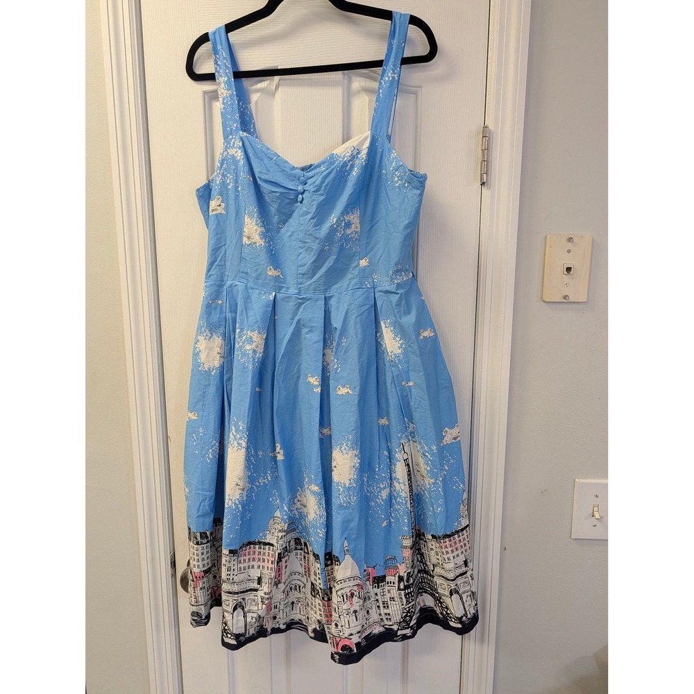 Lindy Bop Paris Skyline Print Dress Blue Sweetheart Fit & Flare Size US 12 Retro